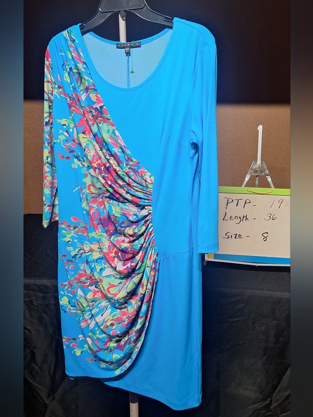 Tiana B. Blue Floral Draped Women's Dress